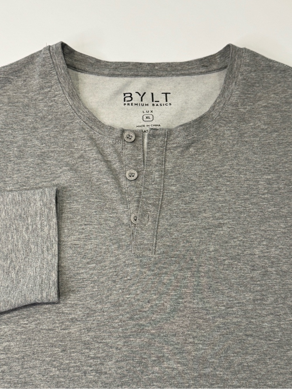 BYLT Premium Basics Men's XL Lux Henley Drop-Cut Long Sleeve Grey